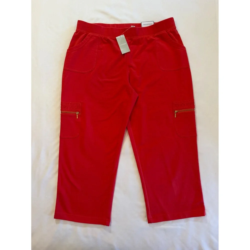 Hoodie & Crop Pants Set Chico's Zenergy Knit Orange Crochet Gold-tone Sz‎ 2 L